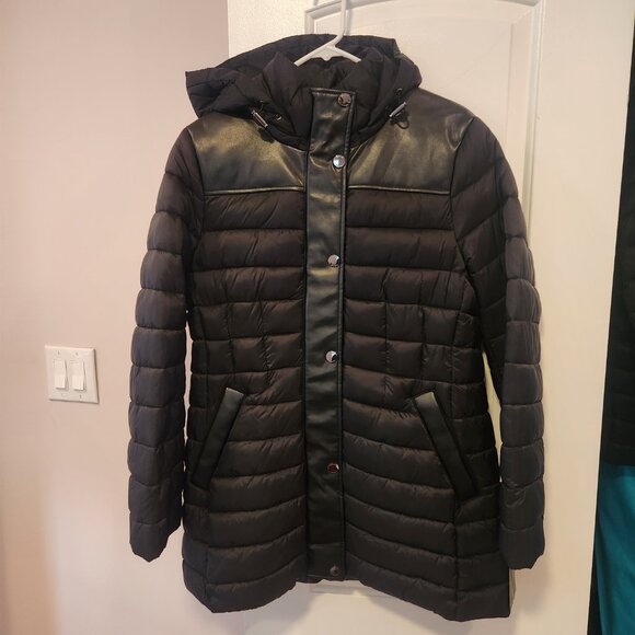 Tahari Jackets & Blazers - $230- NWT-Tahari Tala Hooded Faux Leather Trim Puffer Coat-Black-Large